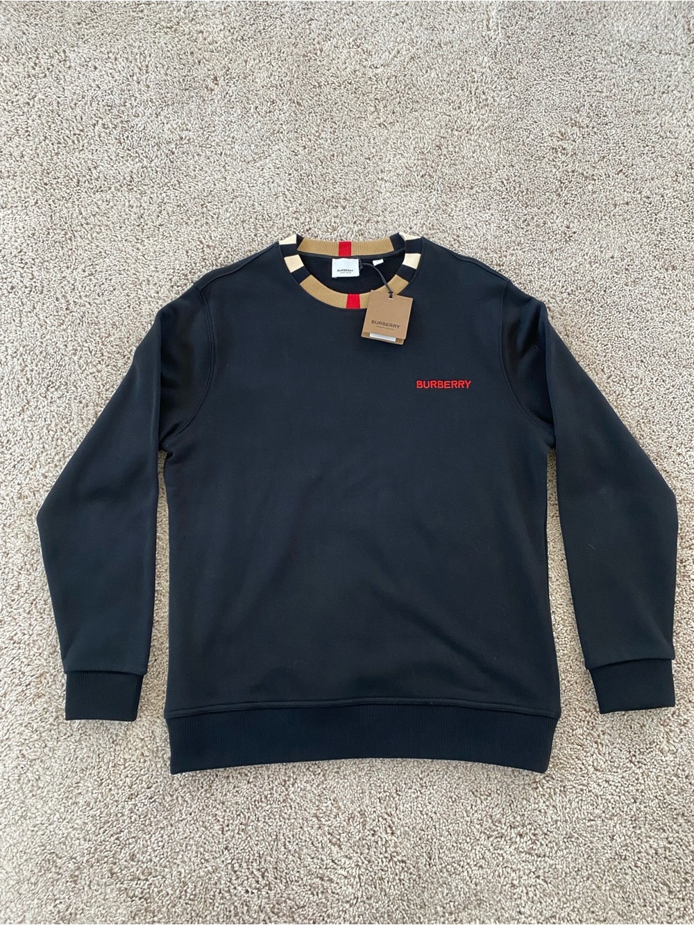 New - Burberry Black Crewneck Sweater with Red Logo and Tan Check Collar